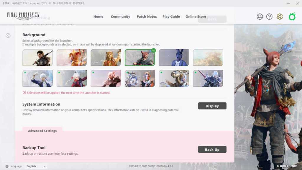 Options for the Launcher background in FFXIV, including those added in patch 7.2