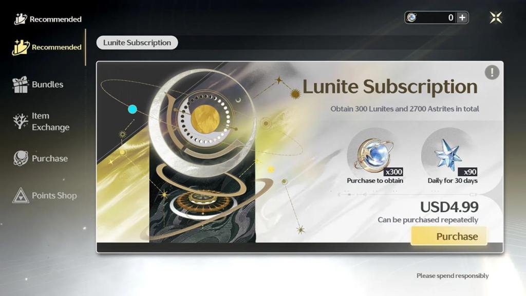 Lunite Subscription payment page in Wuthering Waves