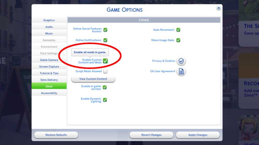 The option to enable or disable Mods or CC within The Sims 4 menu