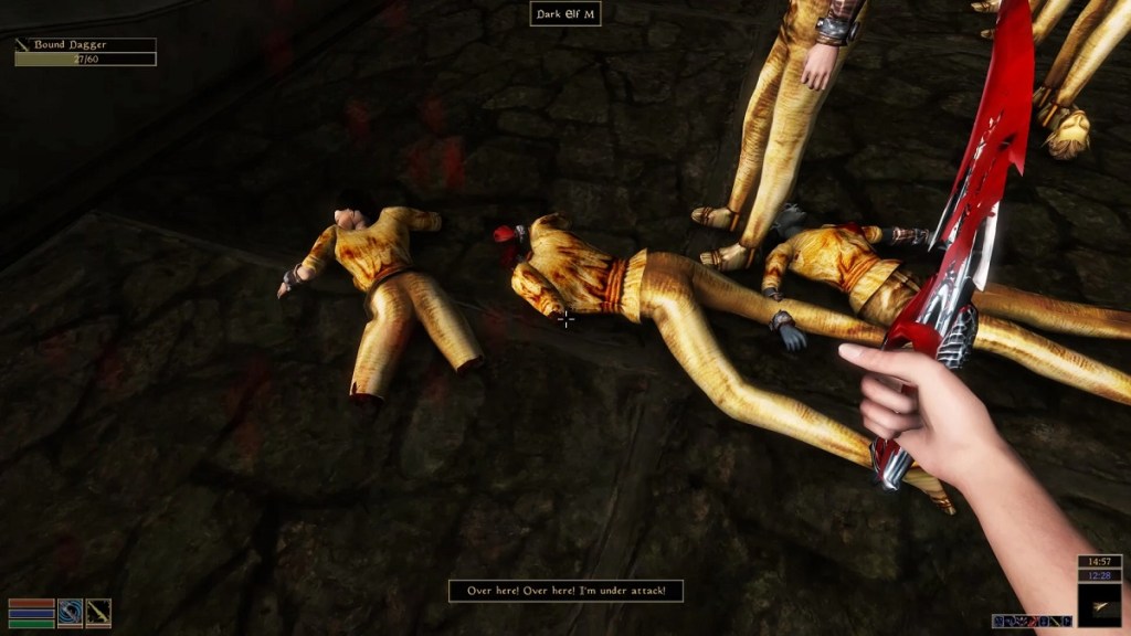 Morrowind: the player holds a bloody sword, as they stand over a pile of dismembered corpses.
