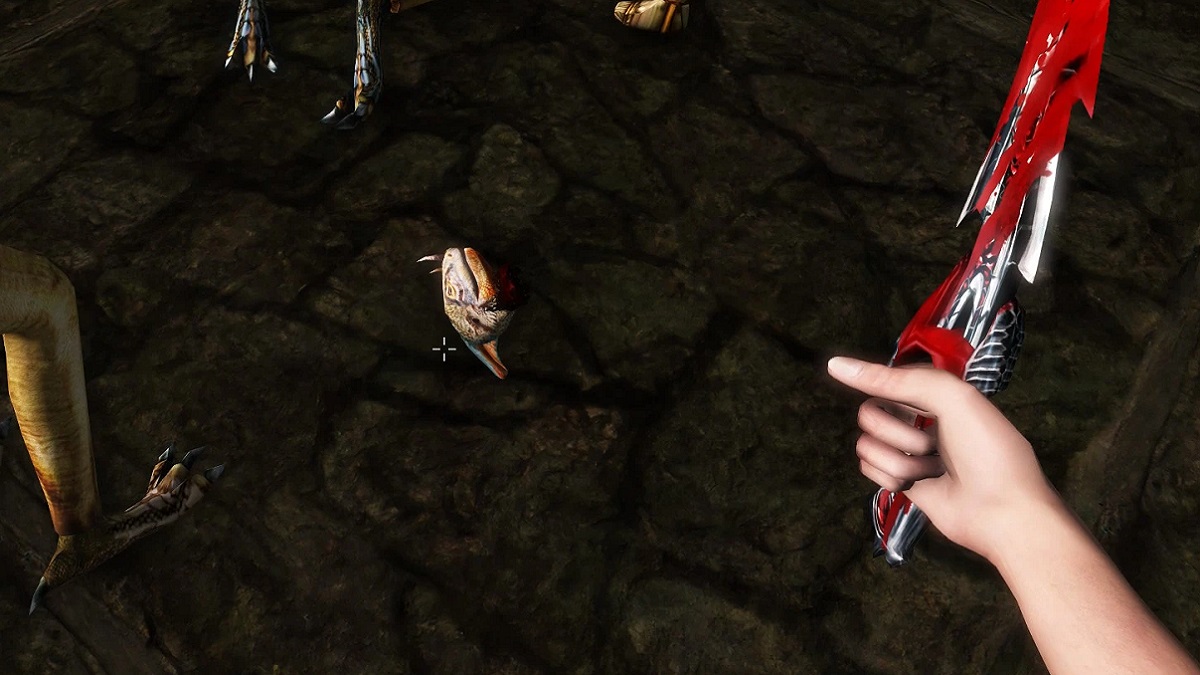 Screenshot from Morrowind, showing a hand holding a bloody sword and a decapitated head on the floor.