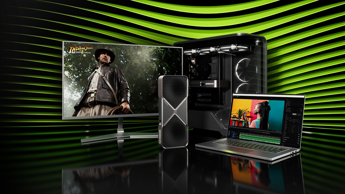 Nvidia hardware, including an RTX 50 graphics card, as well as a monitor that shows Indiana Jones from the Great Circle game.