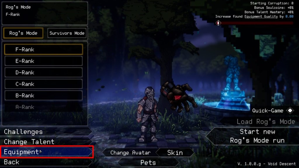 The run selection screen in Rogue: Genesia with the Equipment button highlighted in red.
