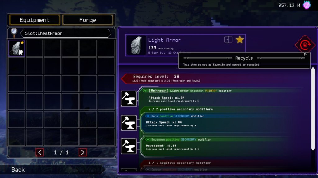 Looking at an item in detail in Rogue: Genesia, including its modifiers, level, and tier.