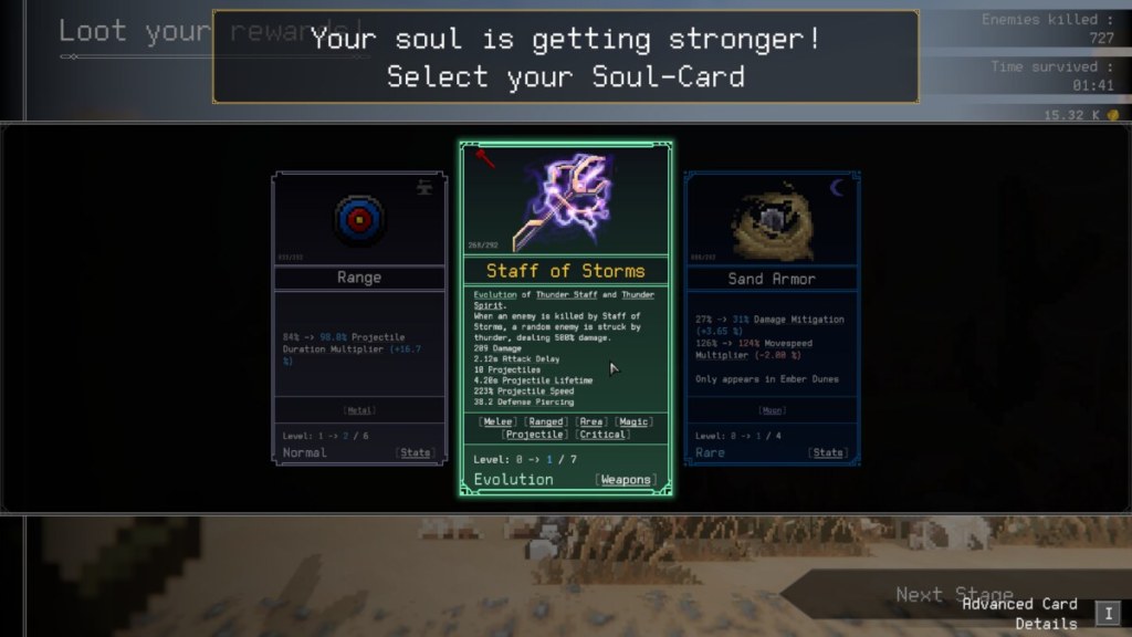 The soul-card selection screen from Rogue: Genesia, the player is selecting the evolved weapon Staff of Storms.