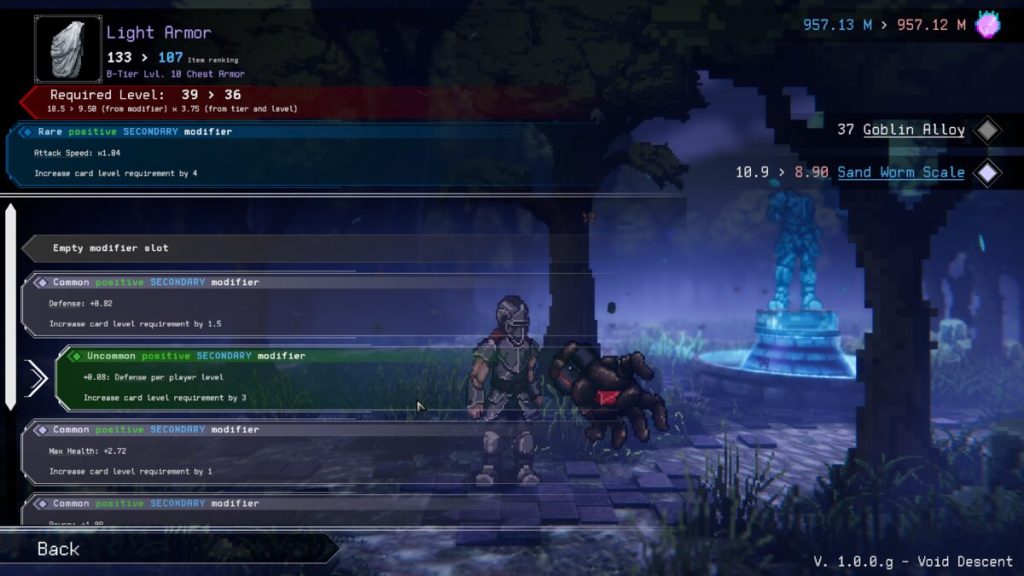 Editing the modifiers in the inventory screen of Rogue: Genesia.