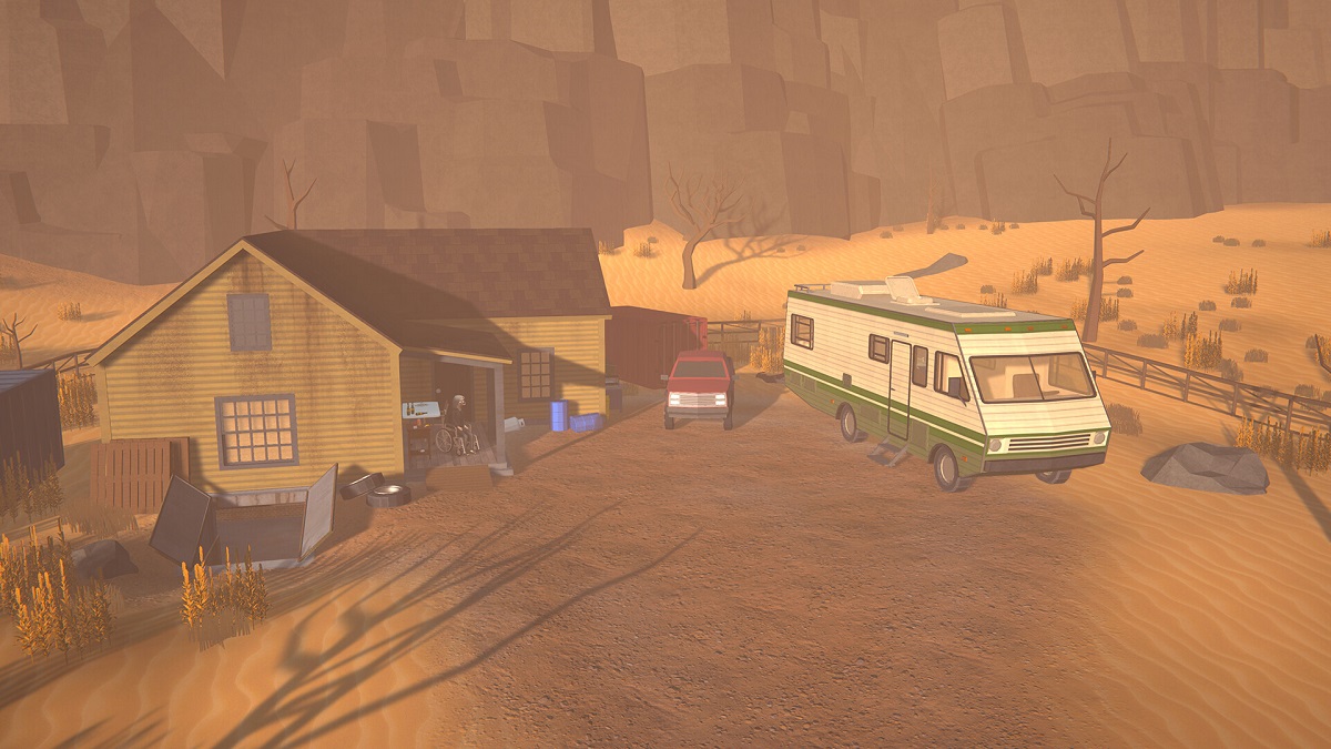 Schedule 1: a dusty vista, showing an old house and a white camper van parked outside.