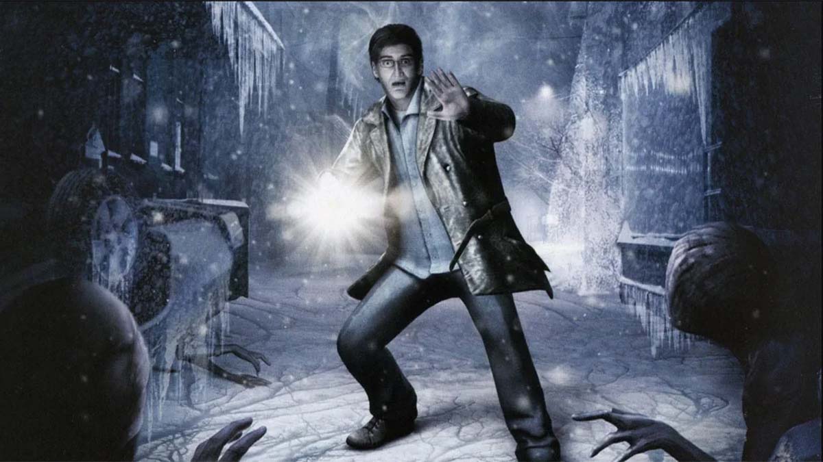 Harry Mason terrified as he points his flashlight at the camera