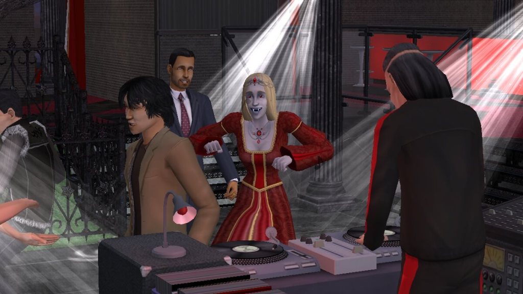 Sims 2 screenshot of a vampire Sim dancing Downtown in a club.