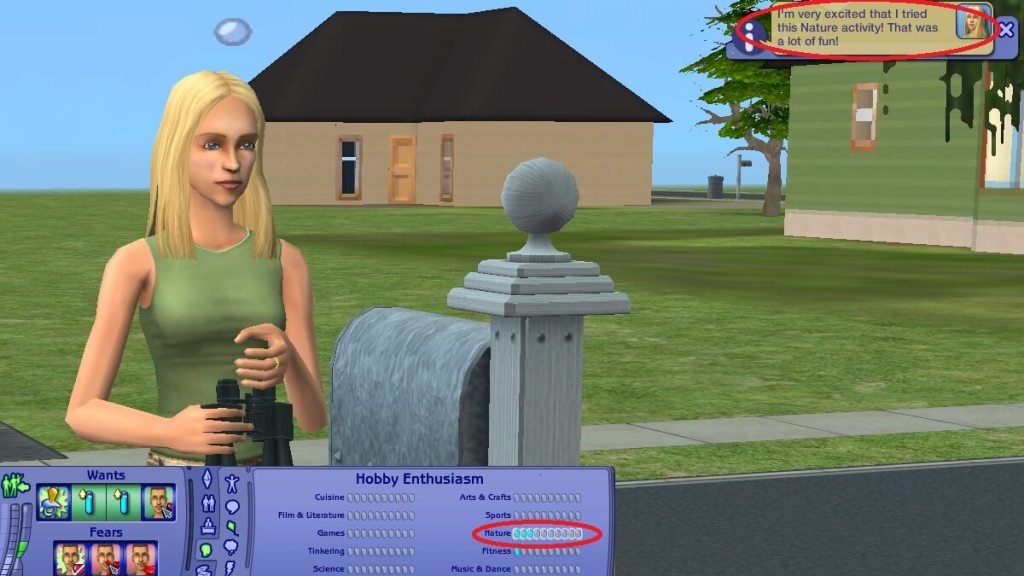 Sims 2 screenshot of a Sim discovering their predestined hobby.