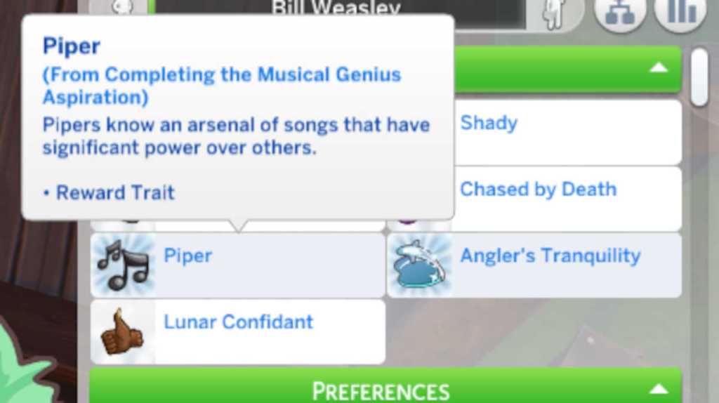 Aspiration reward traits unlocked in the Sims 4, Piper (from Musical Genius) and Angler's Tranquility (from Angling Ace)