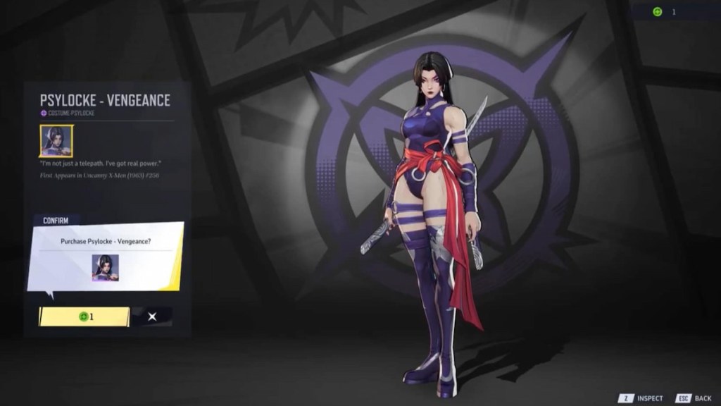 Spending a costume coin to unlock Psylocke's Vengeance skin in Marvel Rivals