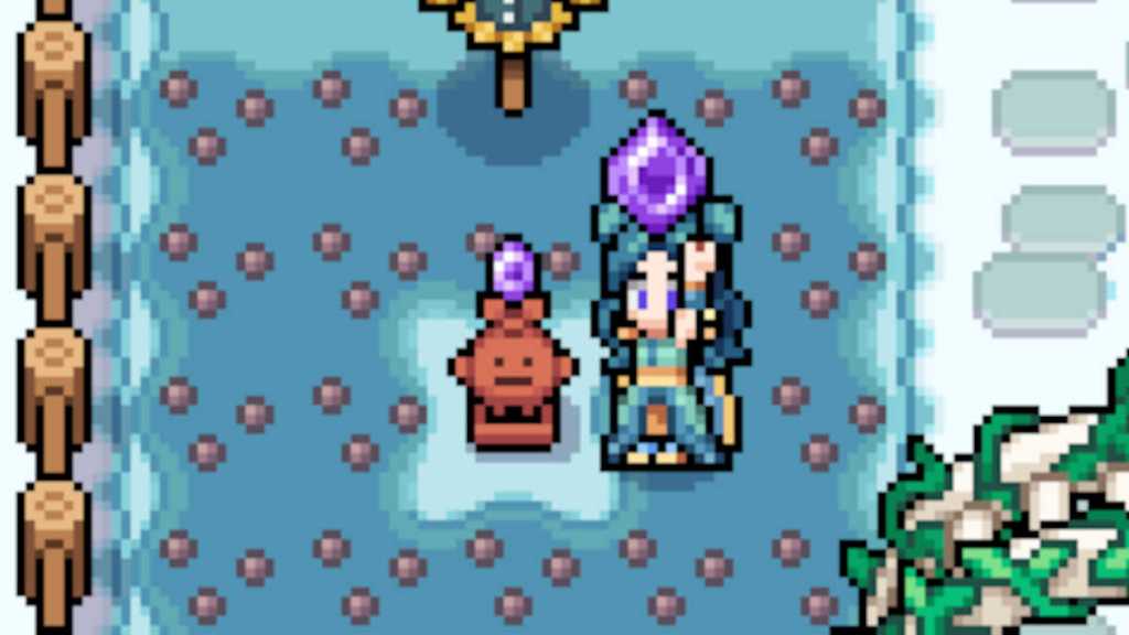 The Water Sprite Statue with an Essence Stone placed into it in Fields of Mistria