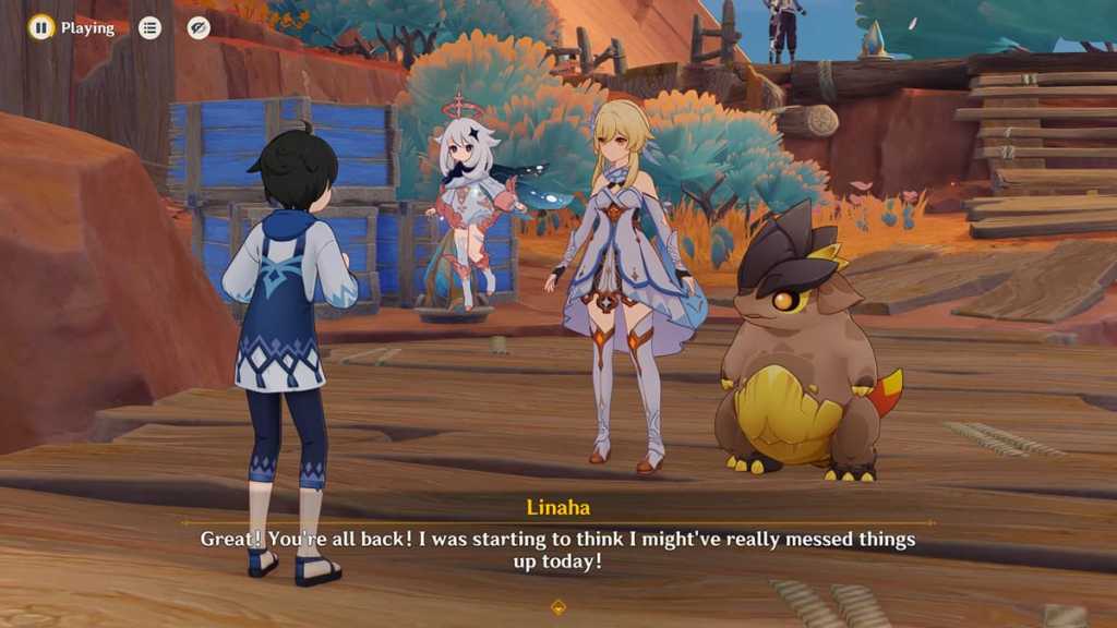 traveler and linaha talking in Is "Intensity" Really the Key? quest cutscene