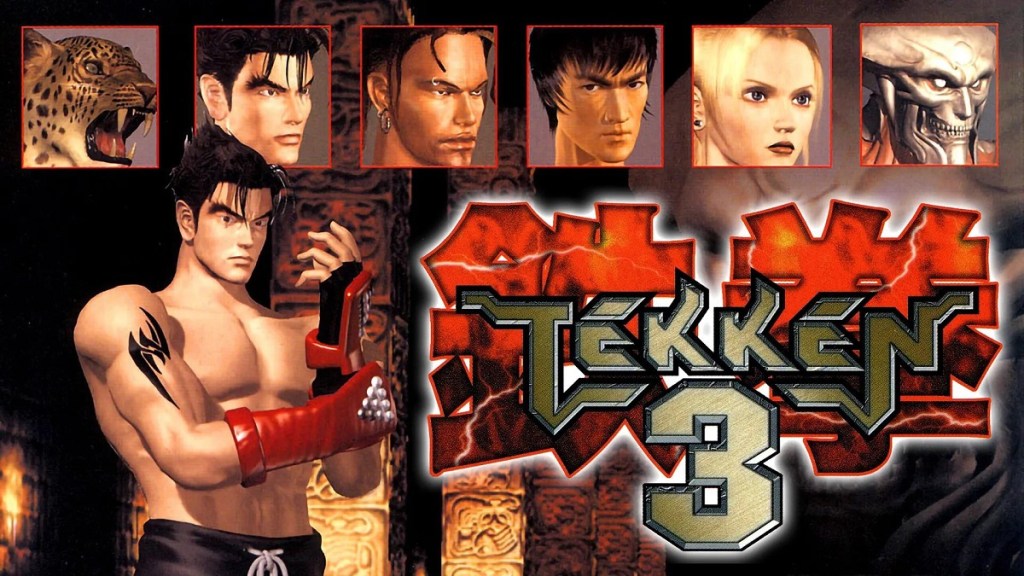 Tekken 3: the game's logo with some of the faces of the fighters in the background, including Yoshimitsu, Nina, and Eddy.