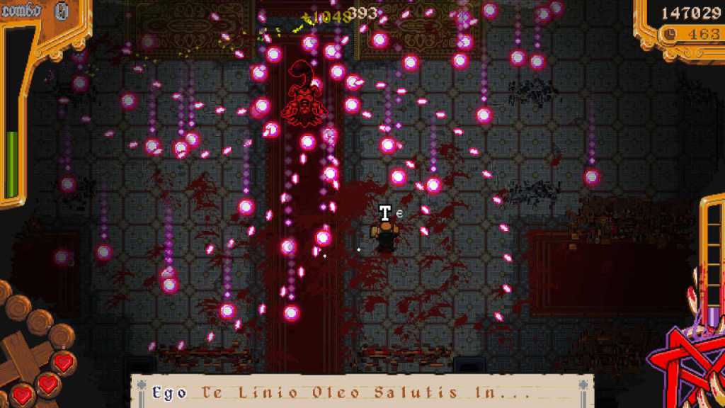 Screenshot from The Textorcist: The Story of Ray Bibbia showing bullet hell mechanics and Latin exorcism that must be typed