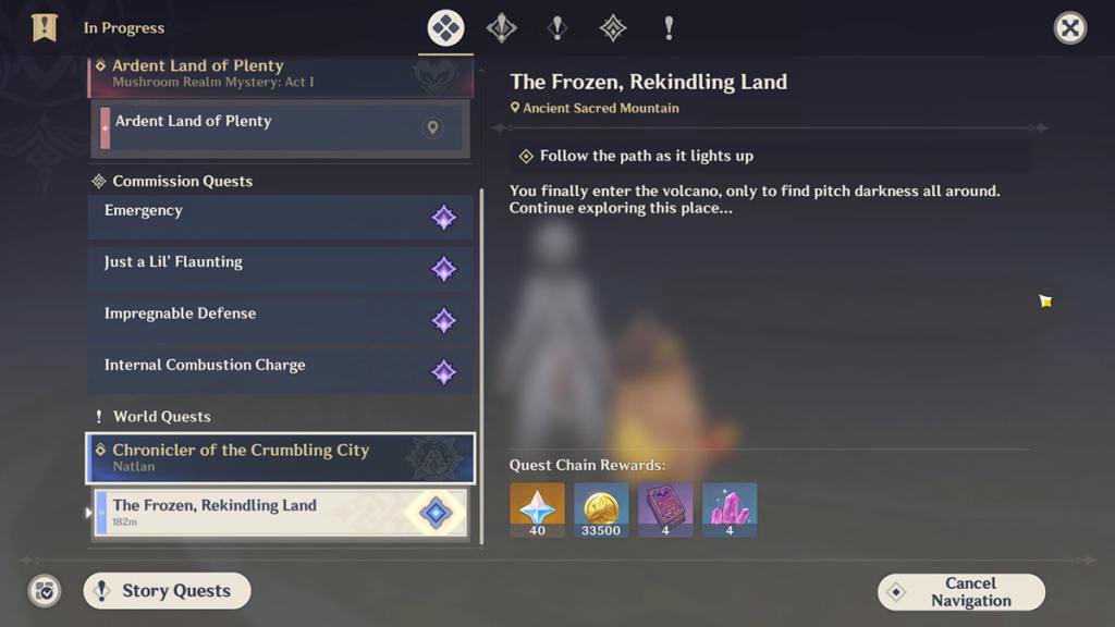 The frozen, rekindling land quest tab