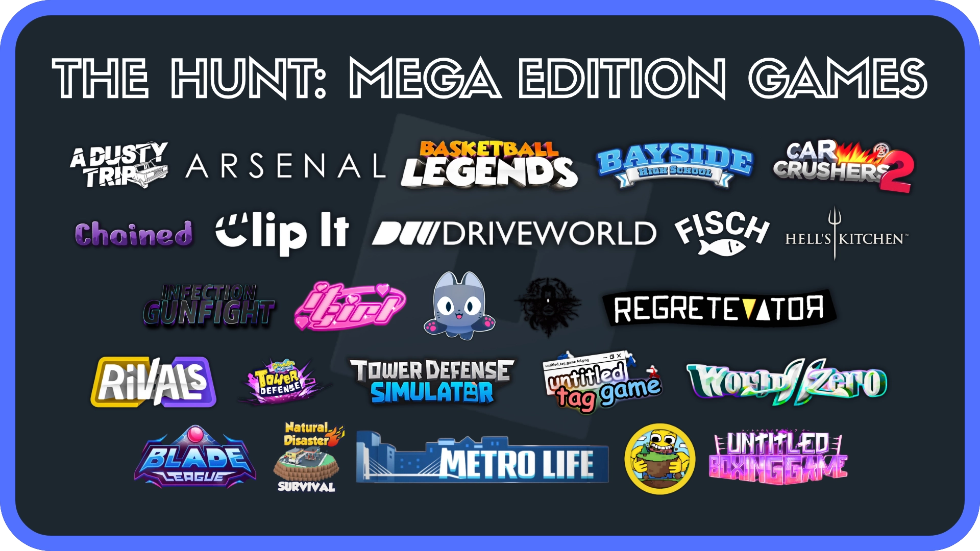 Preview of all 25 confirmed games that will be a part of The Hunt: Mega Event on Roblox