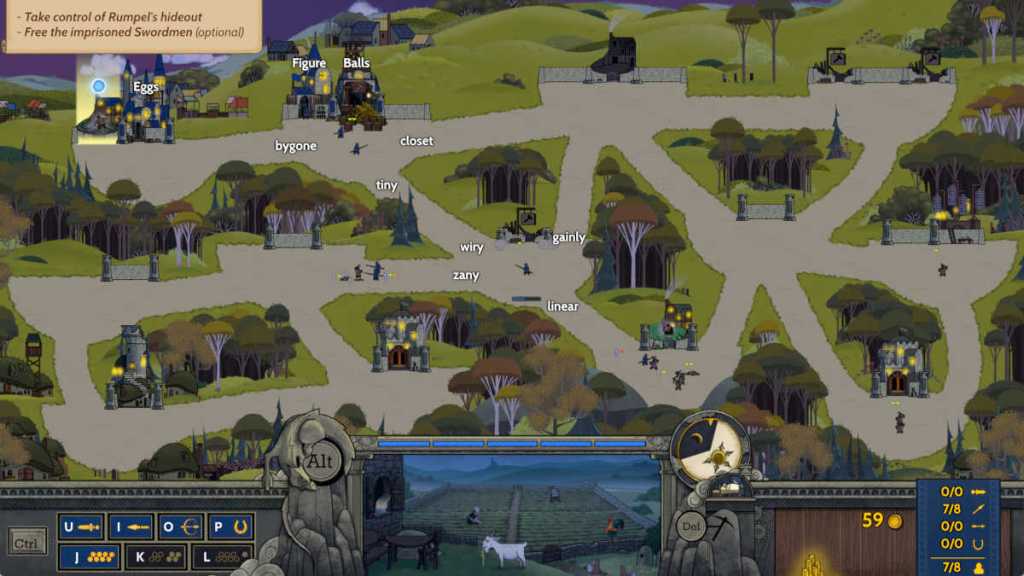 Screenshot from Touch Type Tale showing various words to type for actions