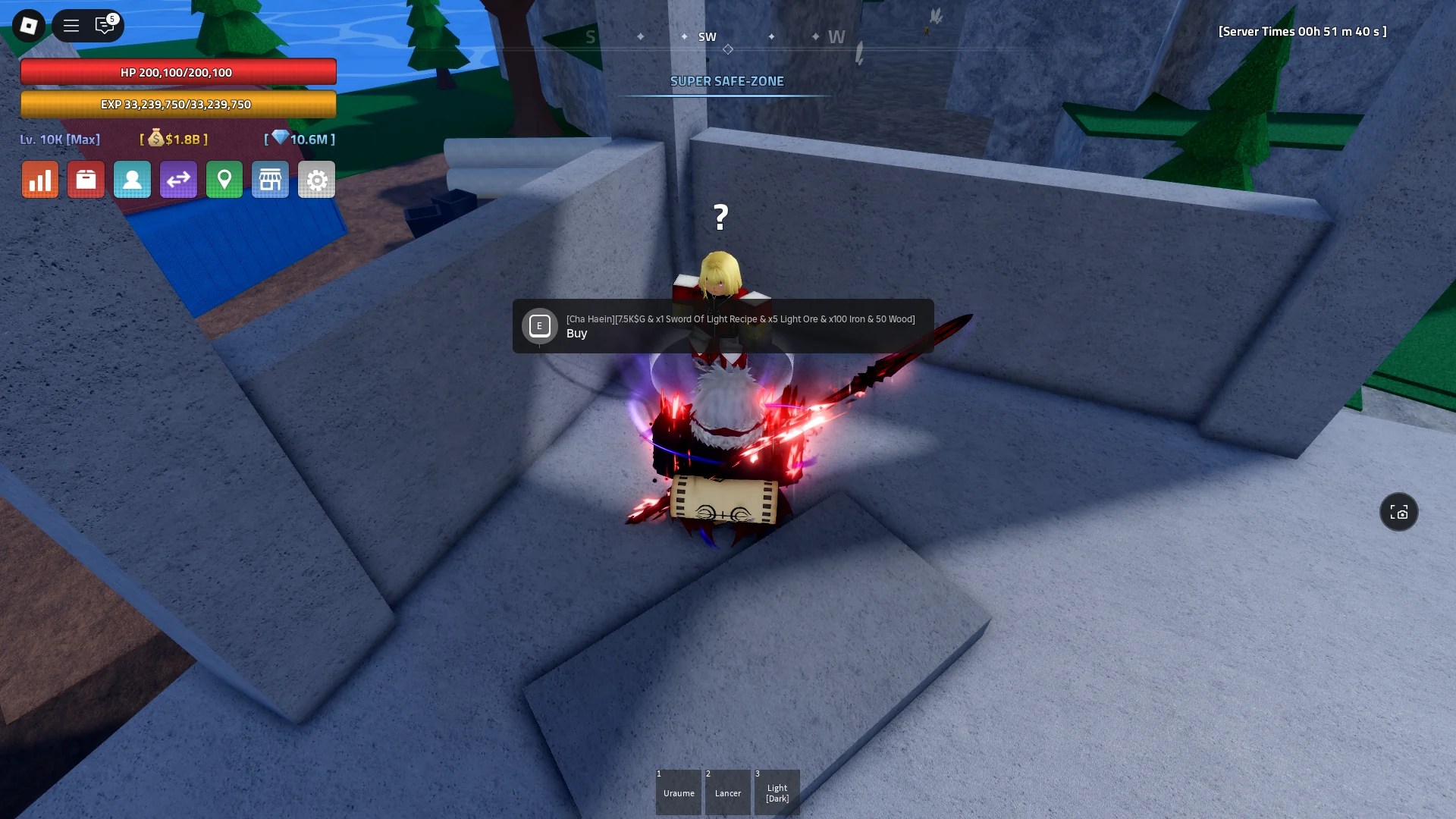 A player interacting with the Cha Haein sword NPC in a small tower on the Dungeon Cave island in Verse Piece Roblox experience