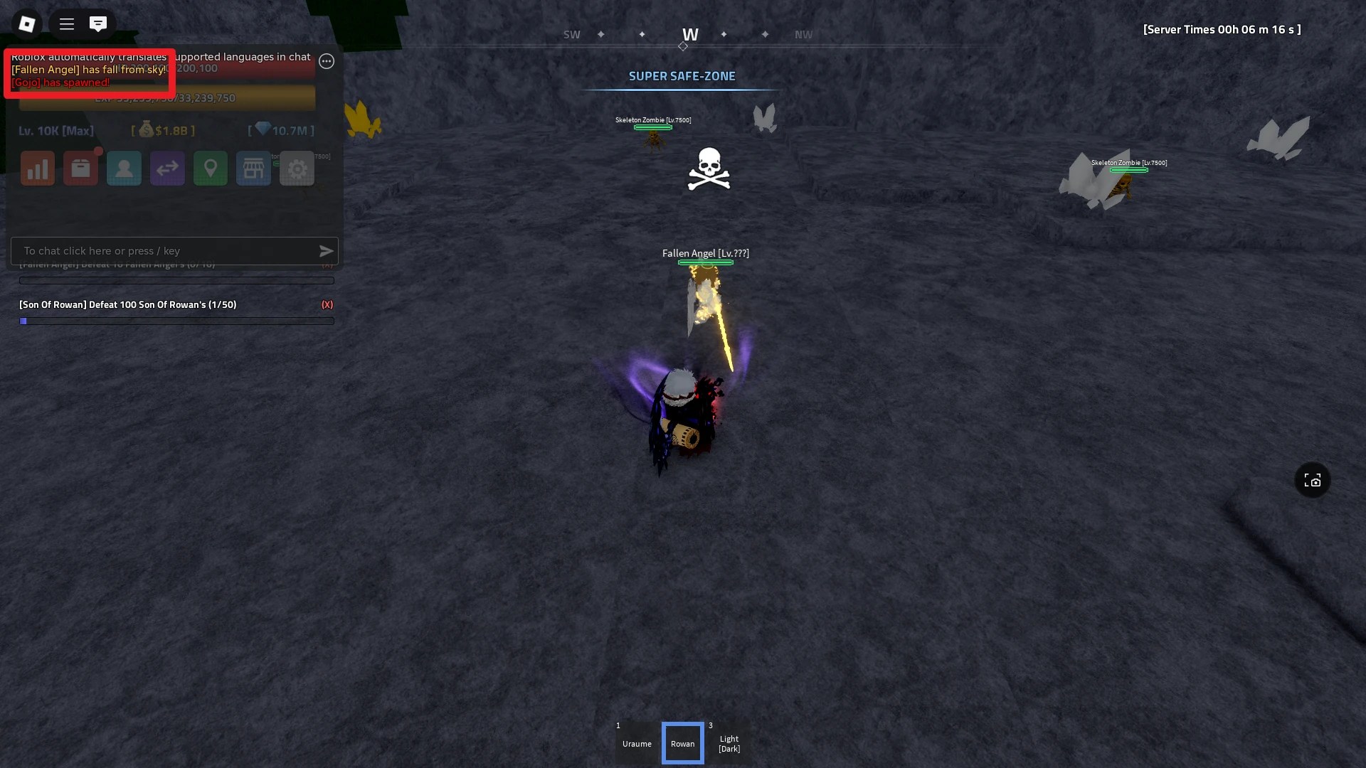 A player standing next to the Fallen Angel boss that spawned on the Dungeon Cave island in Verse Piece Roblox experience