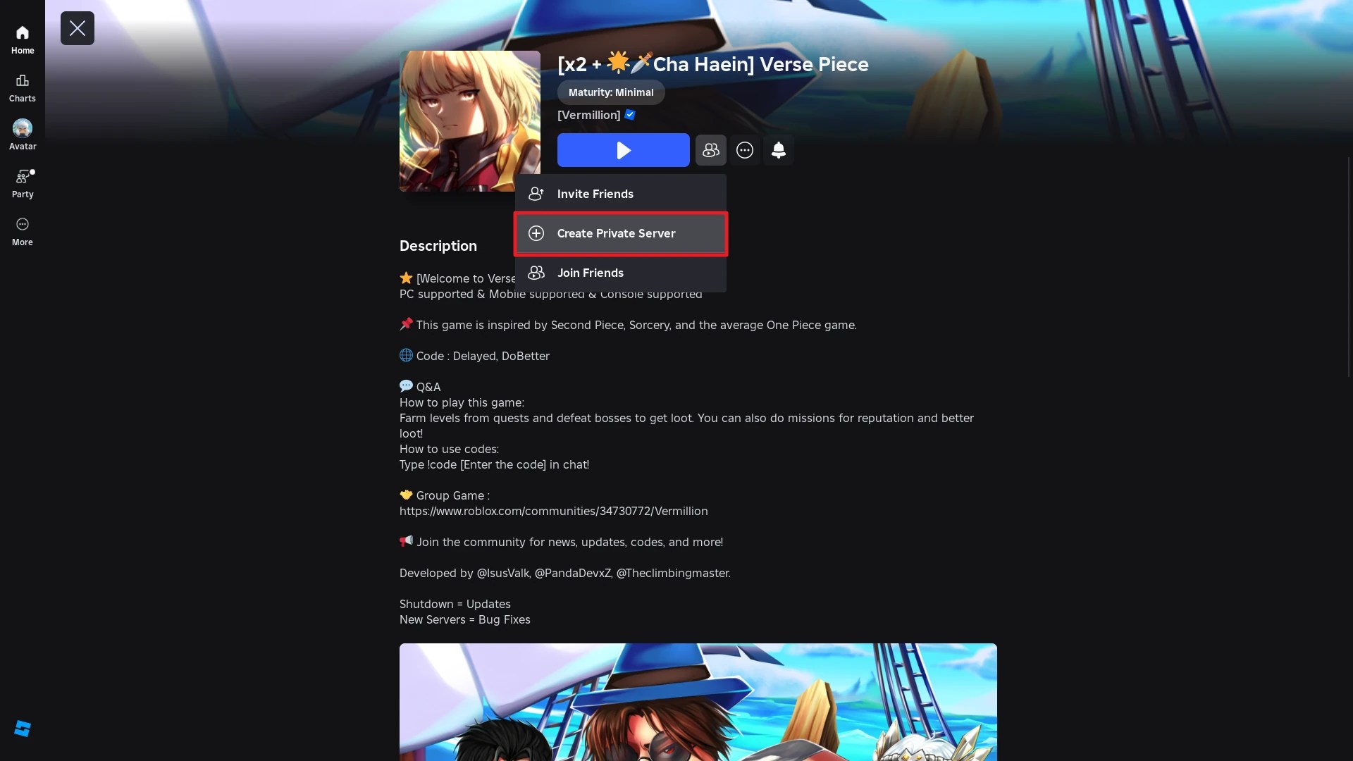Preview of the Verse Piece Roblox game page with the Create Private Server button highlighted
