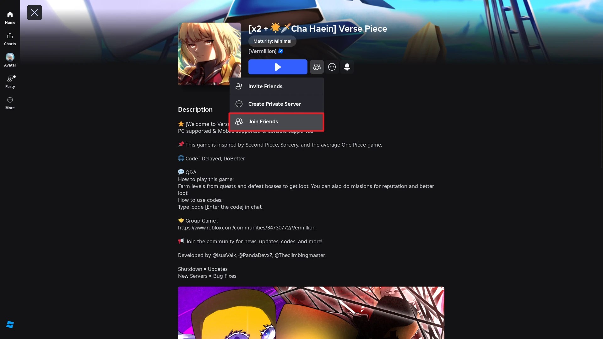 Preview of the Verse Piece Roblox game page with the Join Friends button highlighted