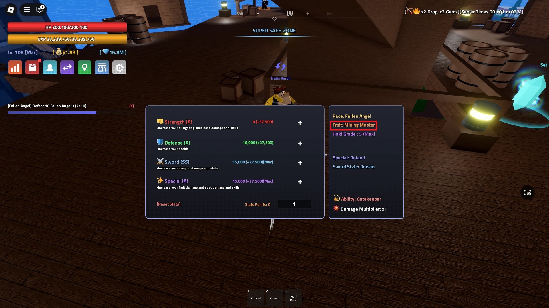 Preview of a player's stats window with the Mining Expert trait highlighted