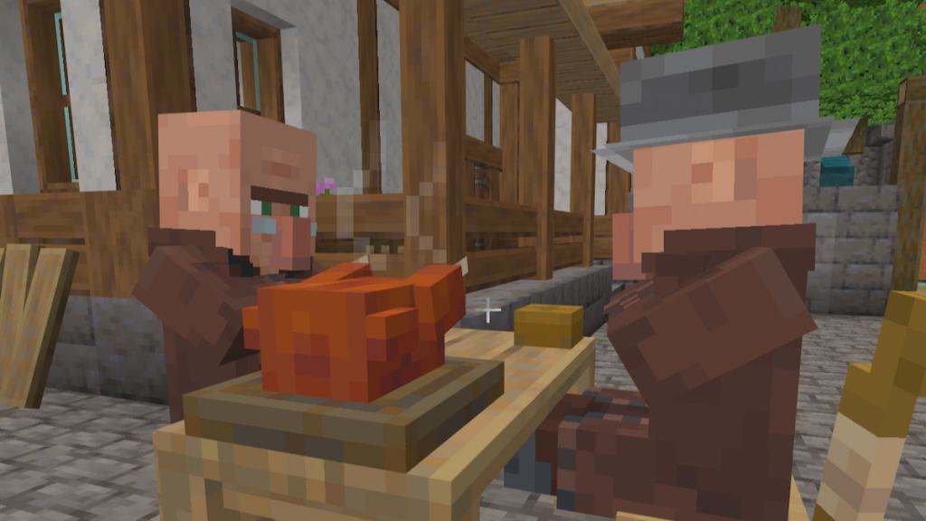 Two villagers eating Hot Lava Chicken in Minecraft.