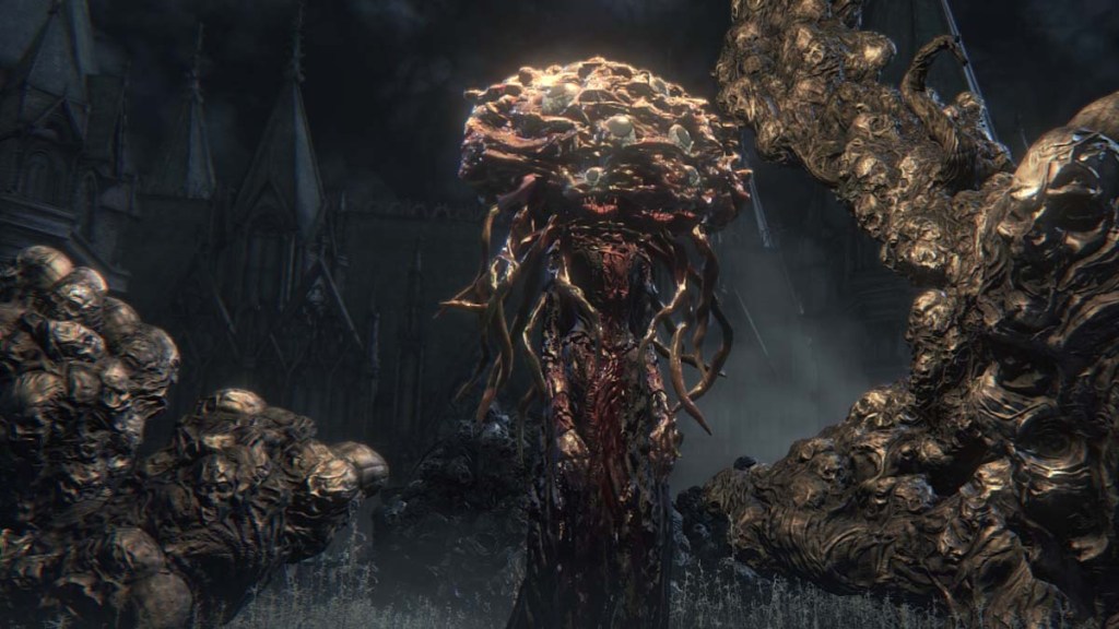 The Winter Lantern from Bloodborne, a humanoid figure with a huge brain covered in eyeballs.