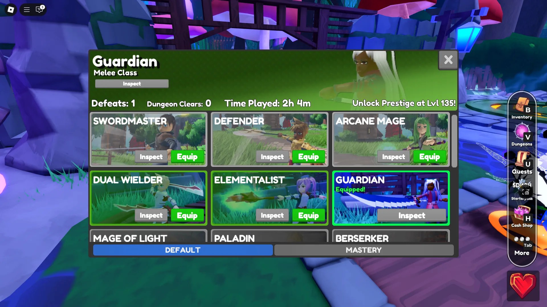 Class menu in the World // Zero Roblox experience