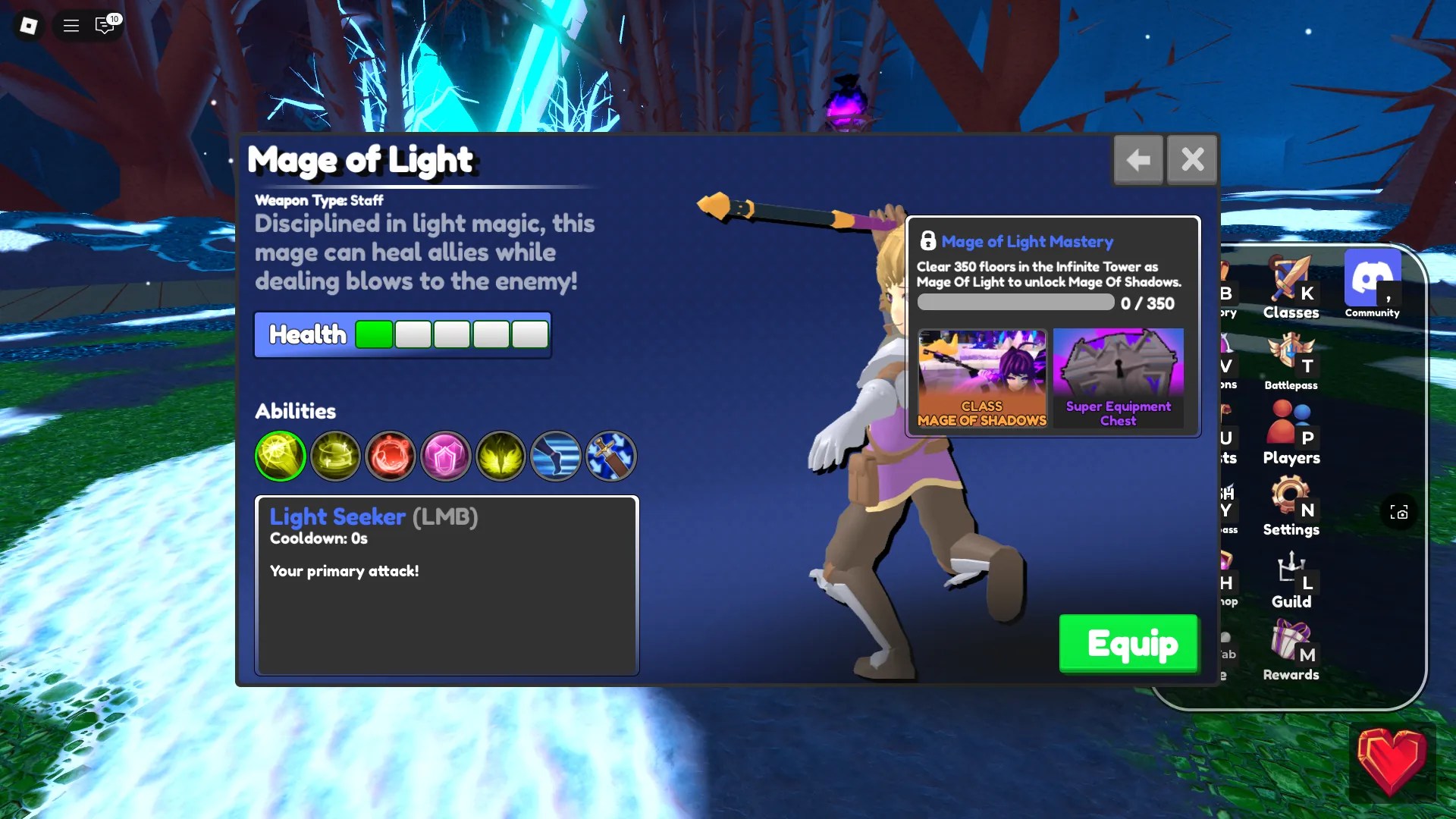 Preview of the Mage of Light class in World // Zero Roblox experience, which has a quest related to it that lets you unlock the Mage of Shadows class