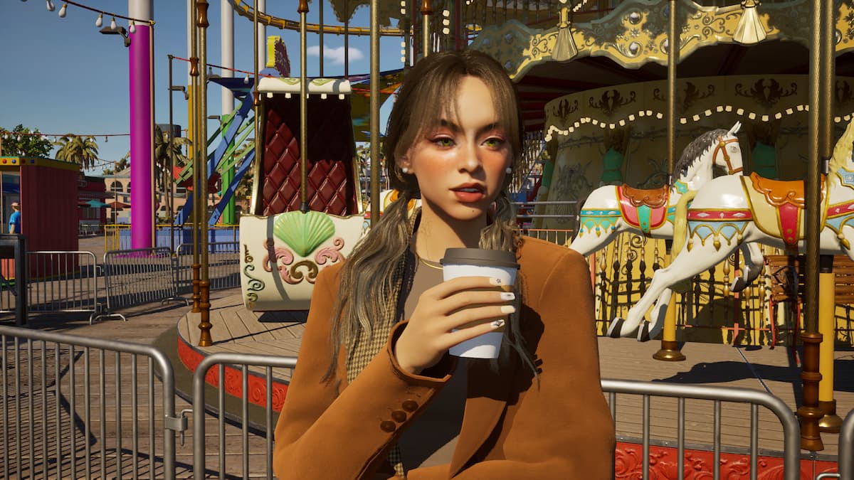 A Zoi with brown pigtails holding a cup of coffee while standing in front of a carousel at a pier in inZOI.