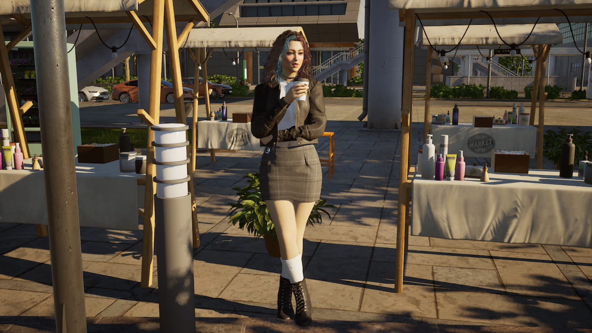 A Zoi with curly brown, pink, and blue hair standing holding a coffee at a flea market in inZOI.
