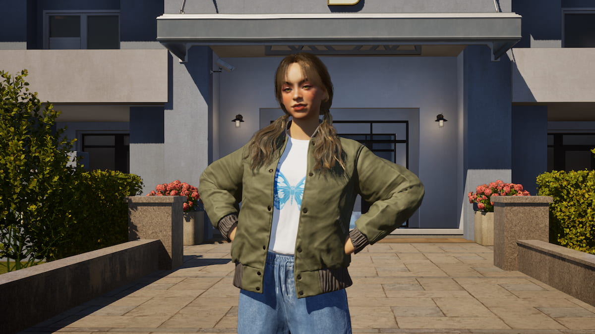 A Zoi with brown pigtails and a green jacket standing in front of an apartment building in inZOI.