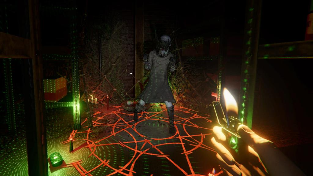 The forest spirit ghost in a summoning circle by a forest minion nest at 42 Edgefield Road in Phasmophobia