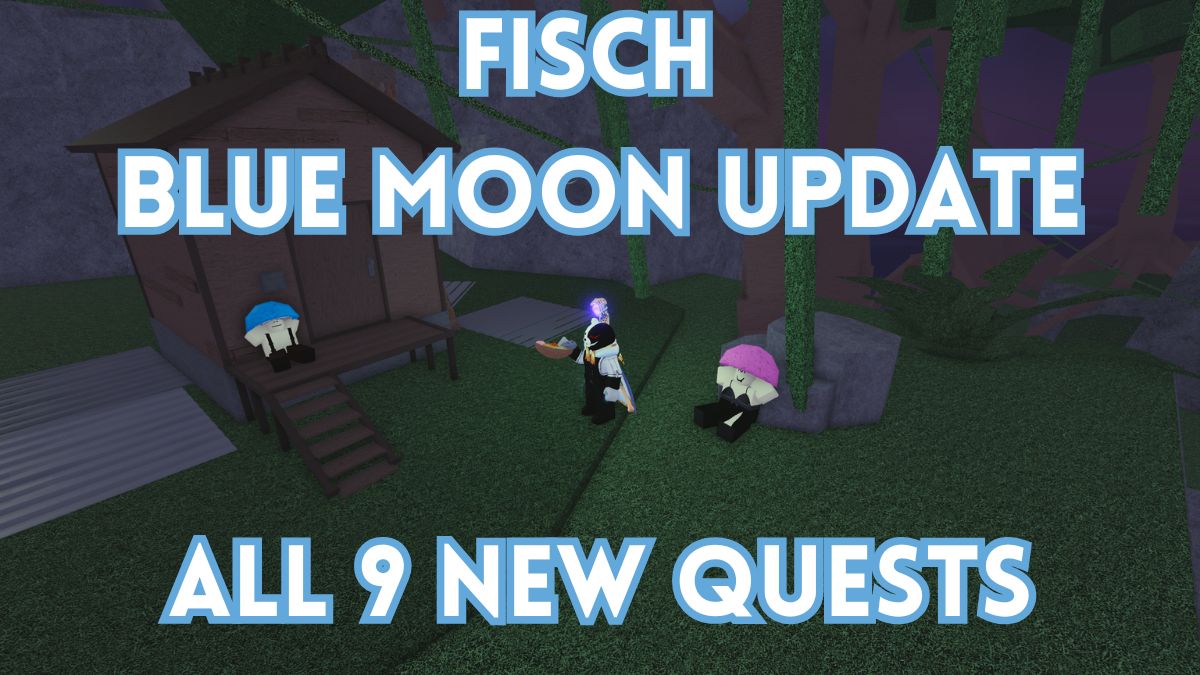 A Fish player is standing next to two mushroom NPCs and there is a title on top and bottom of the screen