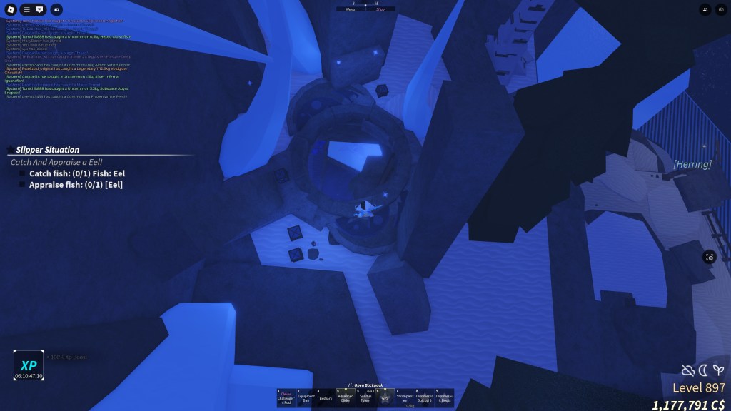 A Fisch player is standing next to an open Blue Moon door