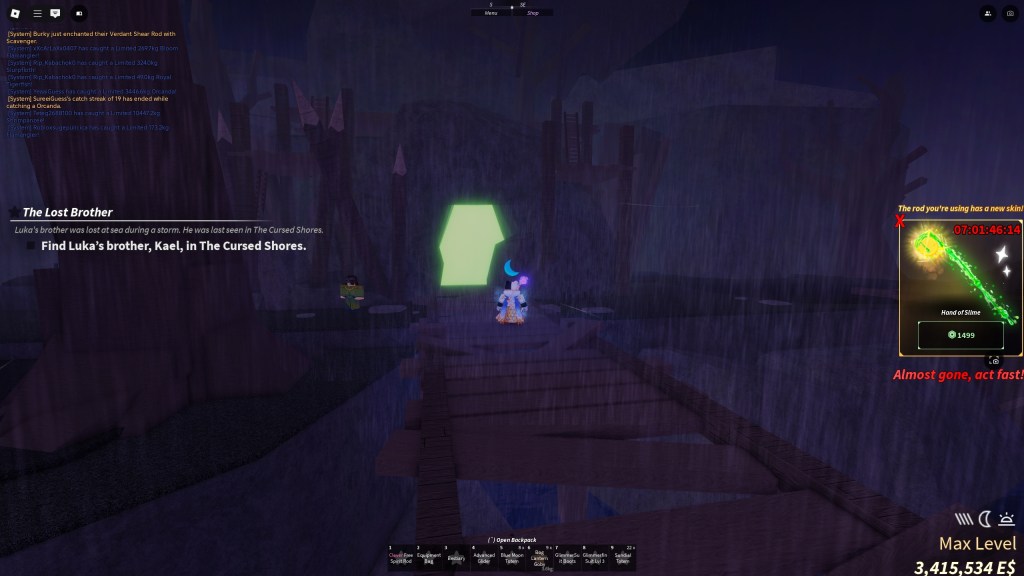 A Fisch player is standing in front of the cave for the rod debuff remover