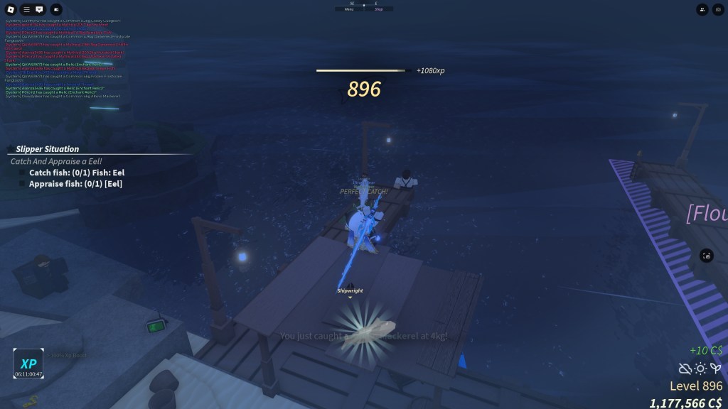 A Fisch player is fishing while the Double XP event is happening