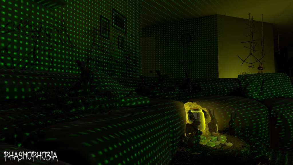 A jackalope nest with DOTS on it in a house in Phasmophobia