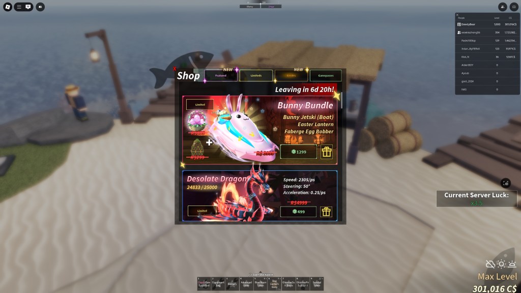 A page showing the new premium boats and bundles in Fisch Egg Hunt Update