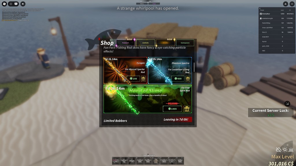 A page showing the new premium rods skins in Fisch Egg Hunt Update