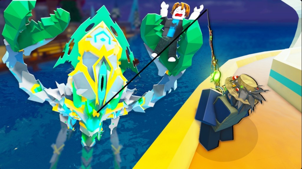 A Fisch player is trying to catch a Kraken who is holding another player