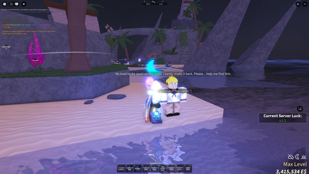 A Fisch player is talking to an NPC in the Isle of New Beginnings