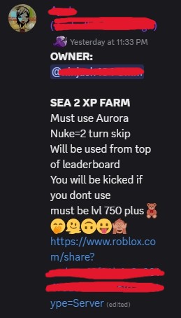 A Discord message advertising a private Fisch server