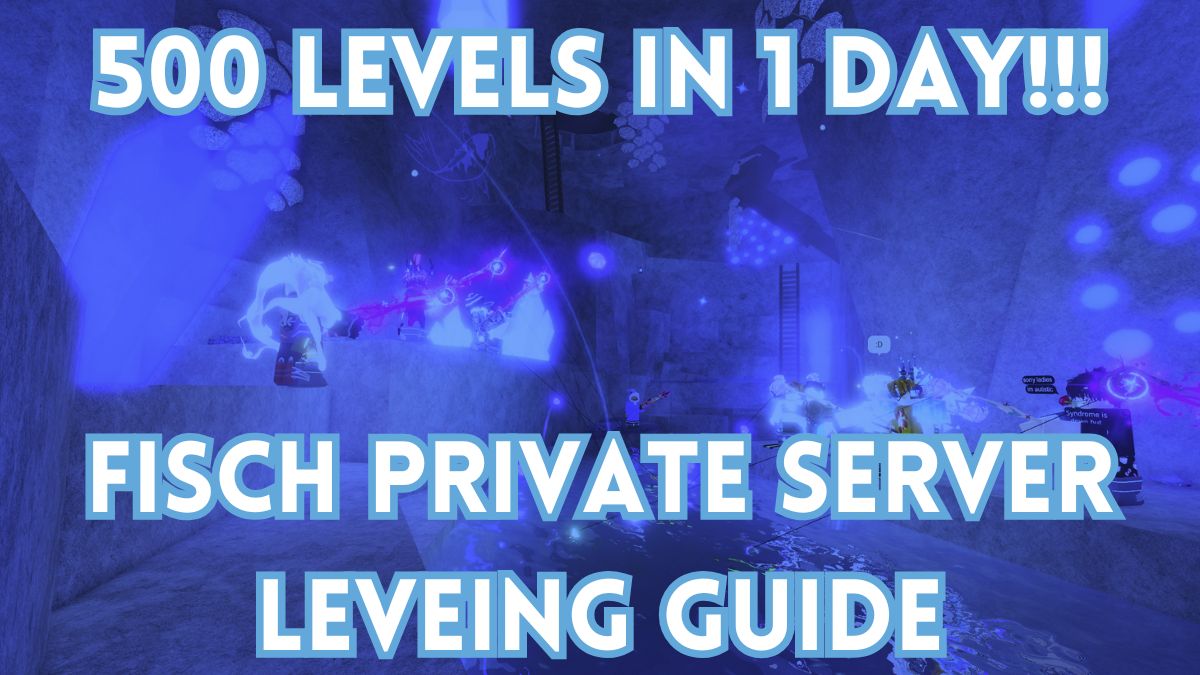 A bunch of Fisch players are fishing together and there is a title on top and bottom of the screen