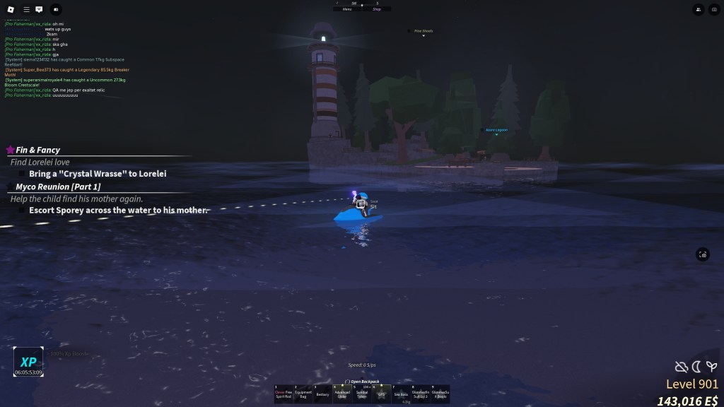 A Fisch player is giving a ride to a Mushroom NPC