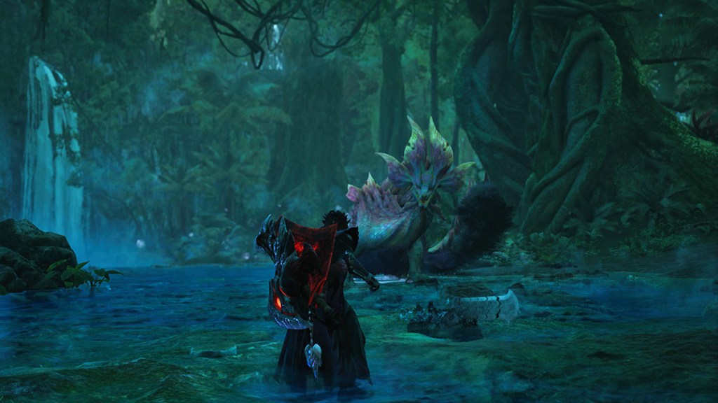 The hunter faces a Mizutsune in Monster Hunter Wilds. 