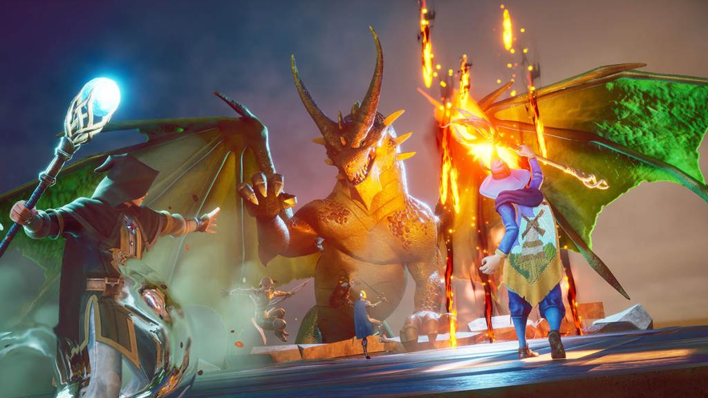 The players face a dragon in RuneScape: Dragonwilds.